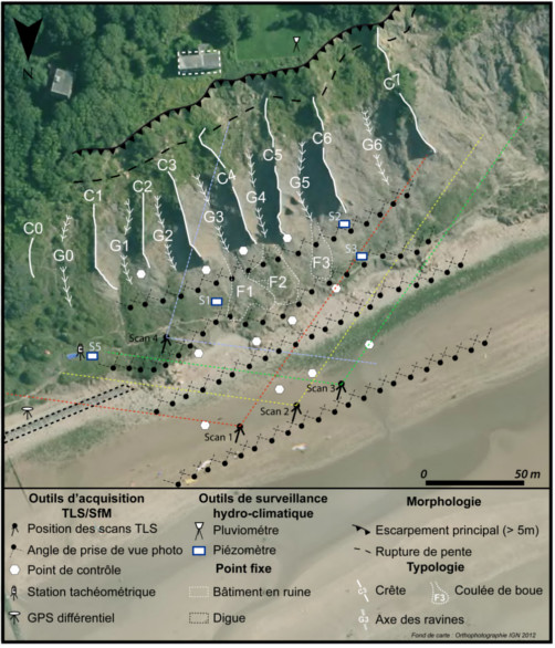 Figure 1 - Dispositifs de suivi de coulées actives - Vaches Noires © LETG Caen